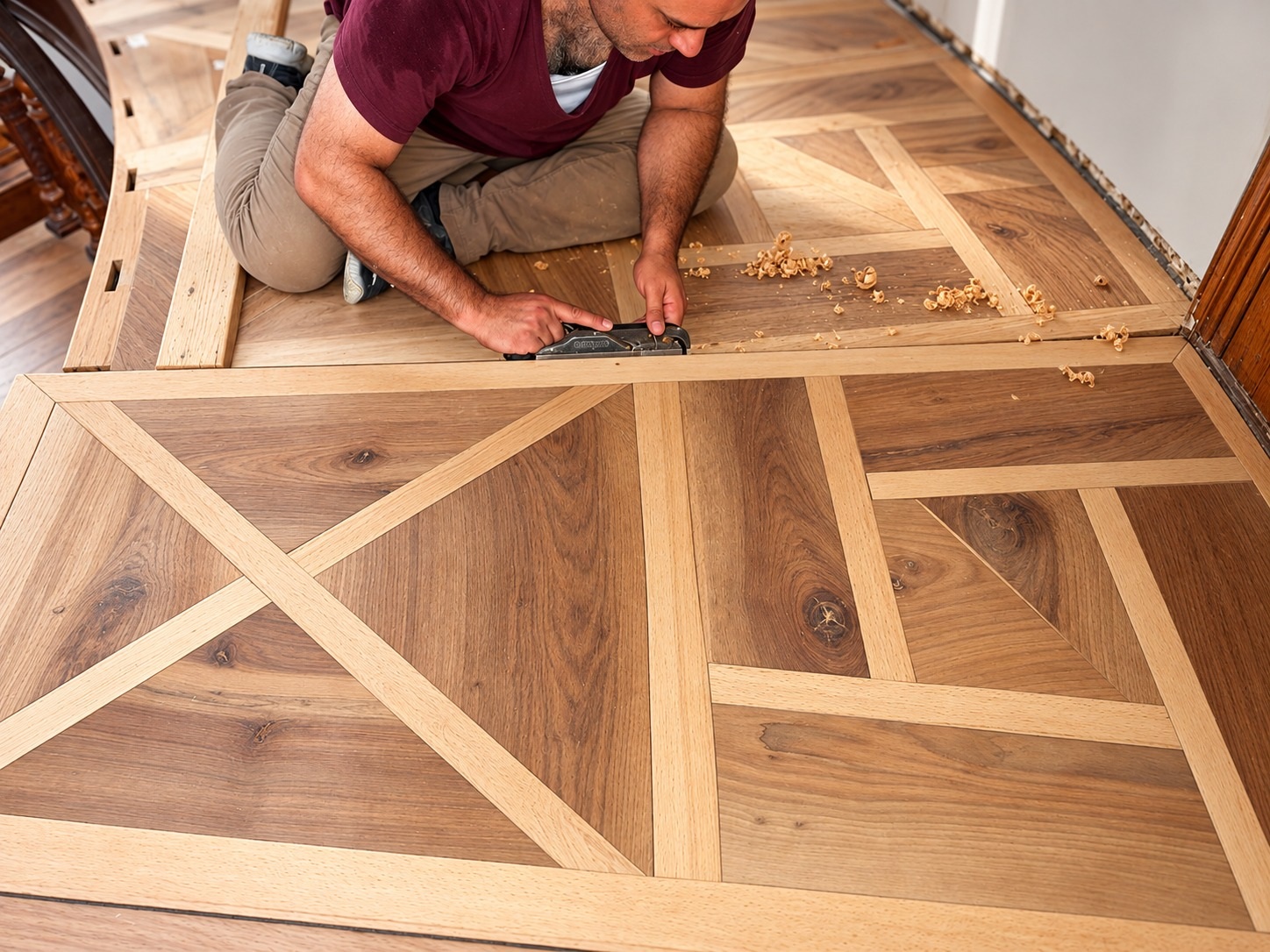 Custom hardwood floor pattern being assembled with individually measured and fitted wood pieces
