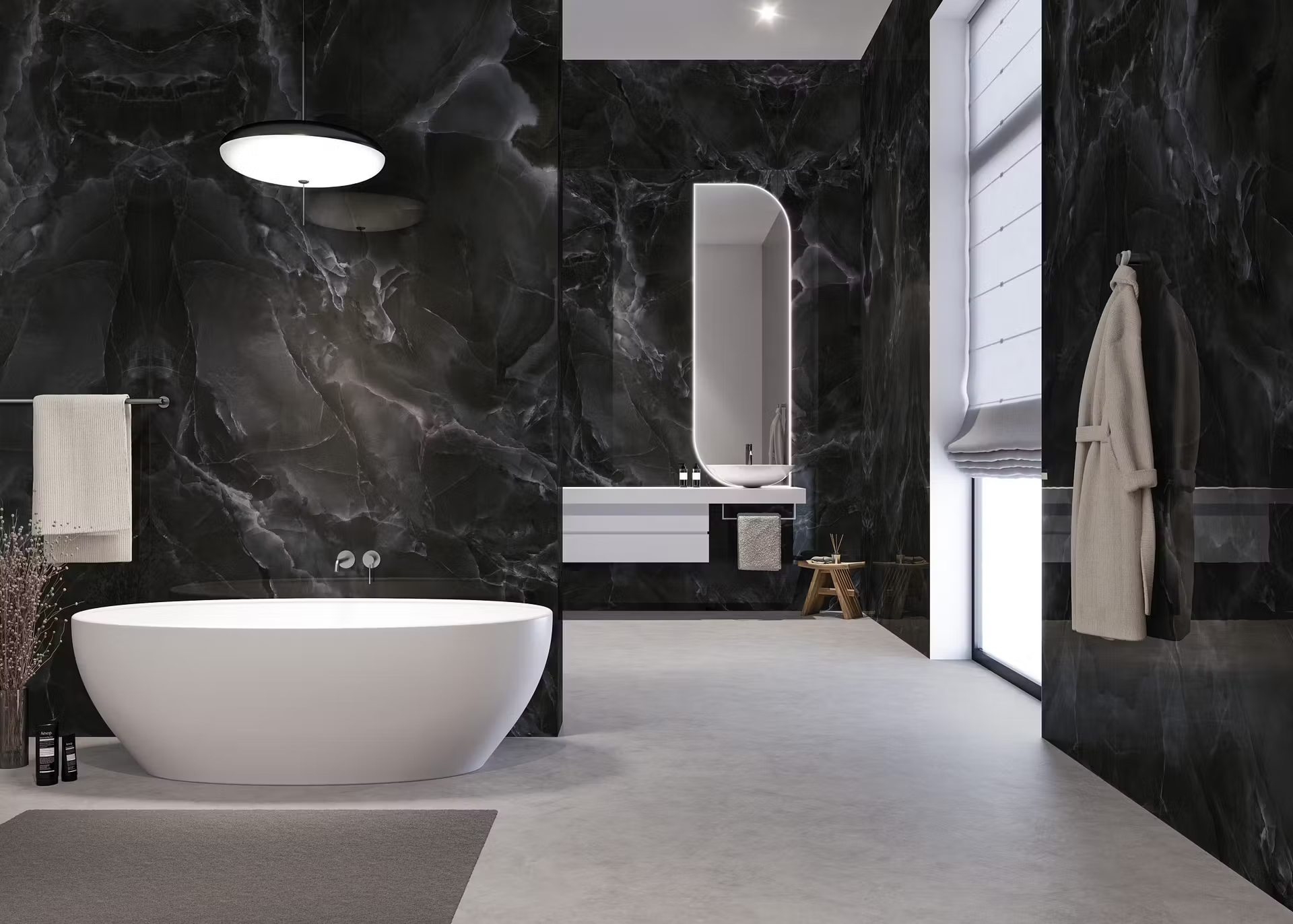 Luxury marble bathroom with large-format stone tiles
