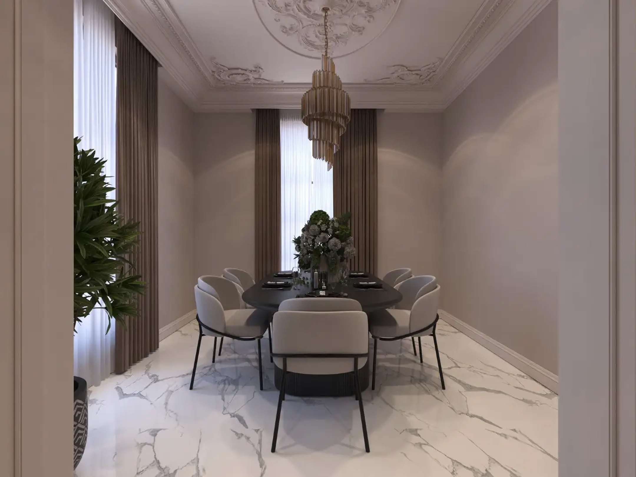 Polished marble flooring in a luxury dining space