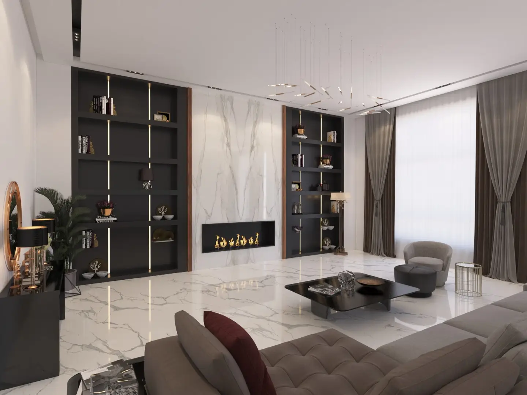 Natural stone fireplace surround in modern luxury residence